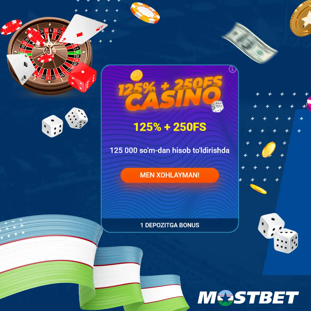 Xush kelibsiz bonus 125% va 250 frispin